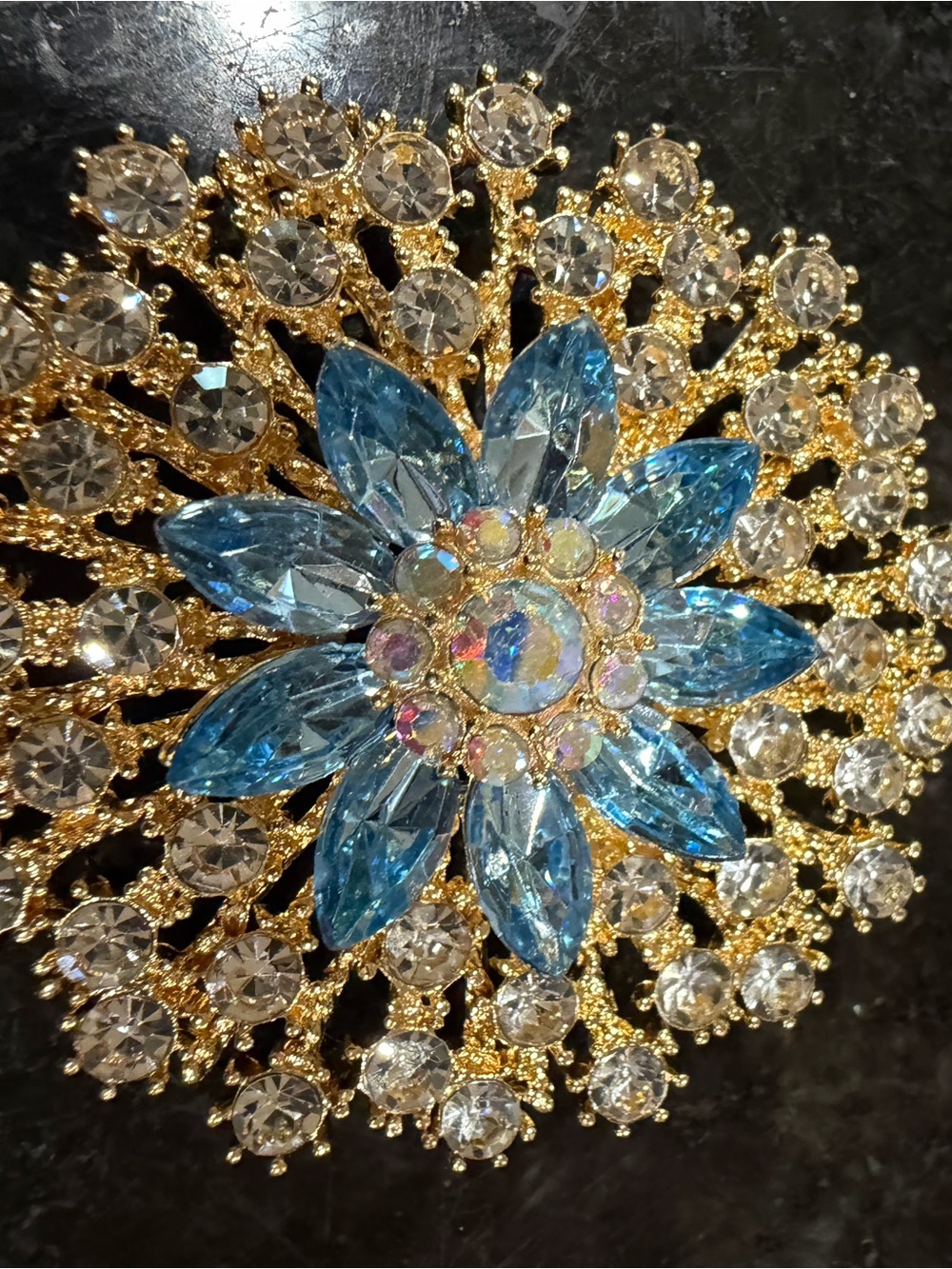 Gold-Tone Blue Crystal Floral Brooch – Women Jewelry